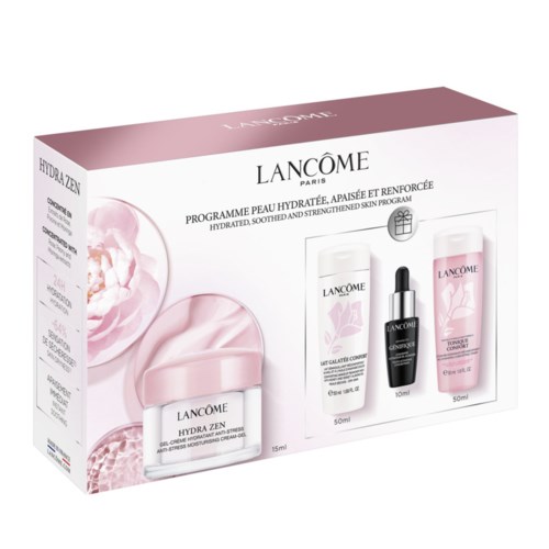 Lancôme huidverzorgingsset met drie producten in roze en witte verpakking, ontworpen voor hydratatie en kalmering van de huid.