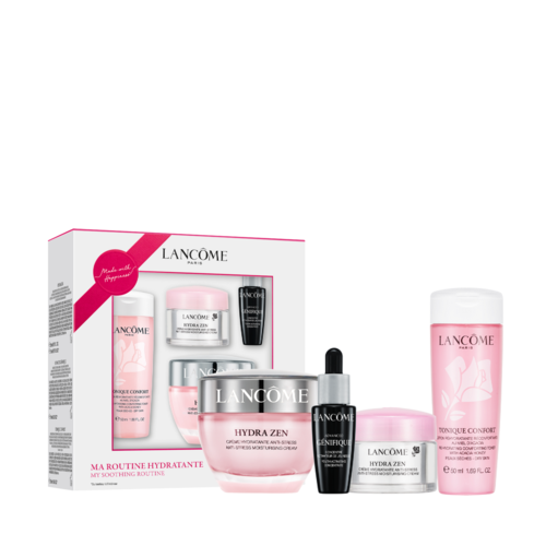 Hautpflege-Set mit Feuchtigkeitscreme, Toner und Serum in rosa und weiß von Lancôme.