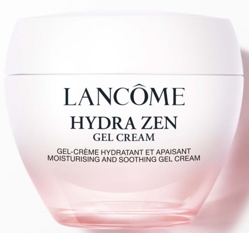 En vit och rosa burk av Lancôme Hydra Zen Gel Cream för att återfukta och lugna huden.