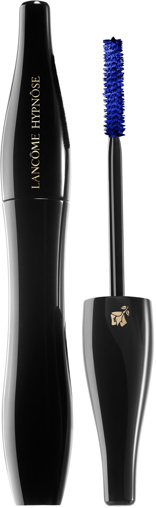 En svart mascara-förpackning med en blå borste, märkt 'LANCÔME HYPNÔSE'.