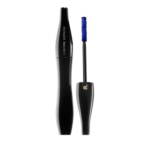 En svart mascara-para med en gyllene logga och en blå mascara-borste.
