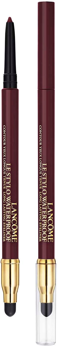 Two makeup pencils, one with a sharp tip and one with a blunt tip, are seen side by side. They are dark red with gold accents.