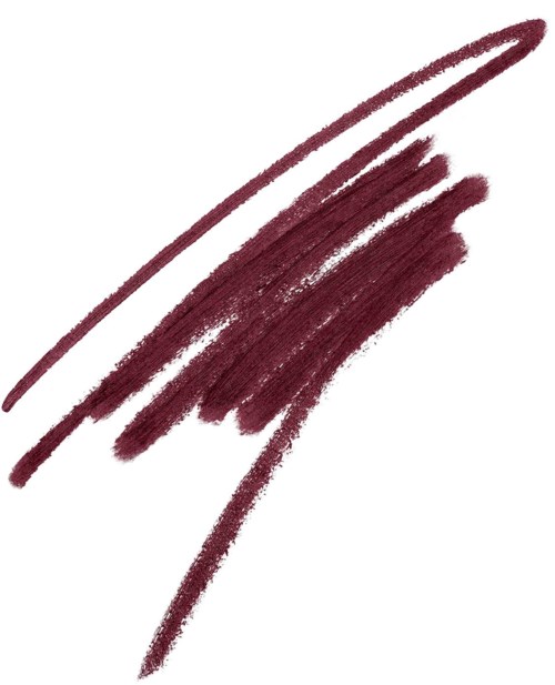A dark red lipstick swatch with four strokes on white background.