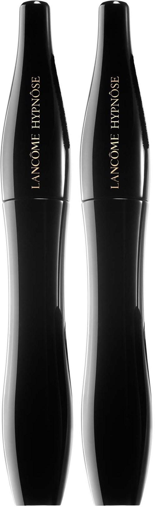 Two black mascara tubes with gold writing stand upright side by side.