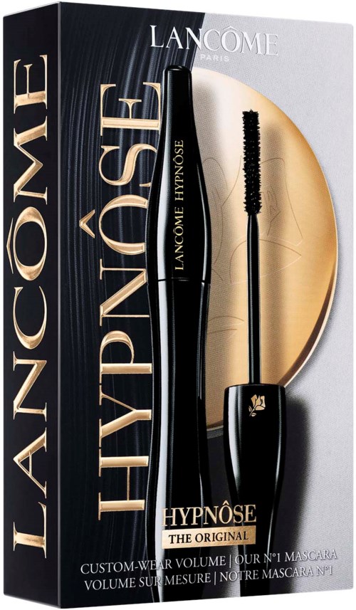 En mascara pakke med en svart buet håndtak, gull og svart design, og merket Lancôme. Esken har teksten 'HYPNÔSE' og 'LANCÔME THE FYNOSÉ.'