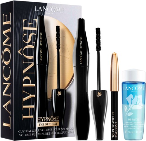 Lancôme Hypnôse magneter med buede og rette børster, en gull leppestift og en blå Bi-Facial sminkfjerner.
