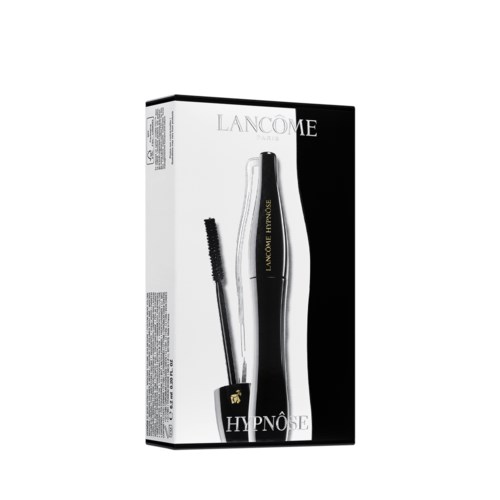 En svart och vit förpackning med en maskaraborste och -rör, märkt 'Hypnôse' och 'Lancôme'-logotypen.