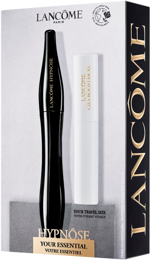 Ein Hautpflege-Set mit einer schwarzen Flasche LANCÔME ÉNERGIE DE VIE und einer weißen Tube GLOSS LIP. Verpackt in einer Schachtel.