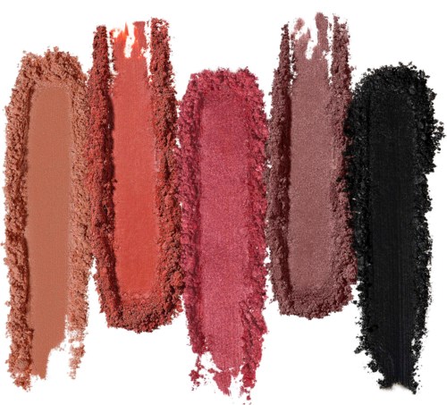 Fem olika nyanser av makeuppuder eller ögonskuggor i brunt, rött, rosa, mauve och svart. Smutskast as på vit bakgrund.
