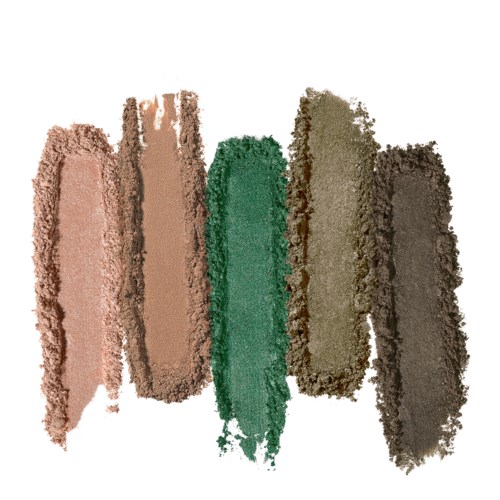 Olika nyanser av makeuppulver i brunt, grönt, gult och grått, visas som streck eller färgprover.