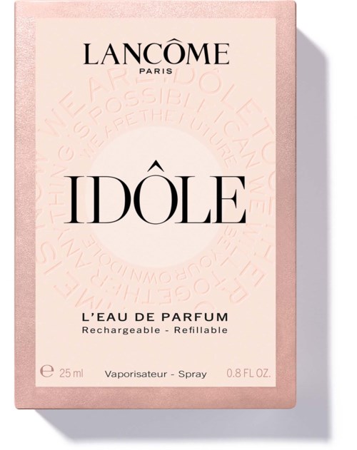 Lancôme Idôle parfymeskeboks i lys pink med sort og hvid tekst.