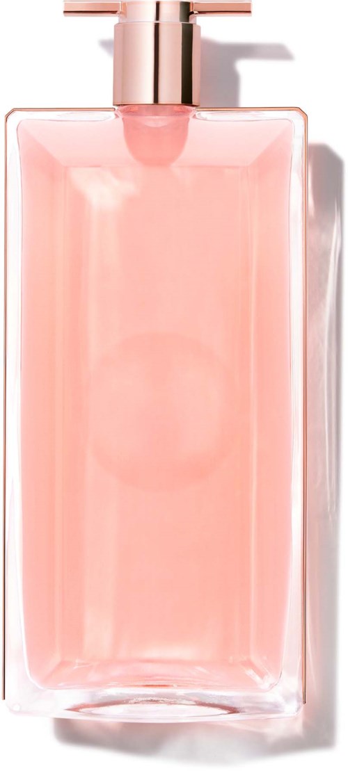 En rosa parfymflaska med guldlock, rektangulär form och tydligt glas. Skuggor och reflektioner är synliga.