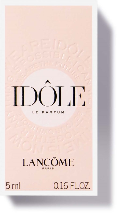 En lille parfymemballage med mærket 'IDÔLE' fra Lancôme i lyserødt og hvidt.