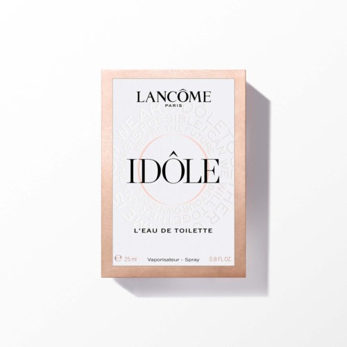 Lancôme Idôle parfymbox, vita och rosa färger, enkel design, 25 ml storlek, spraytyp.