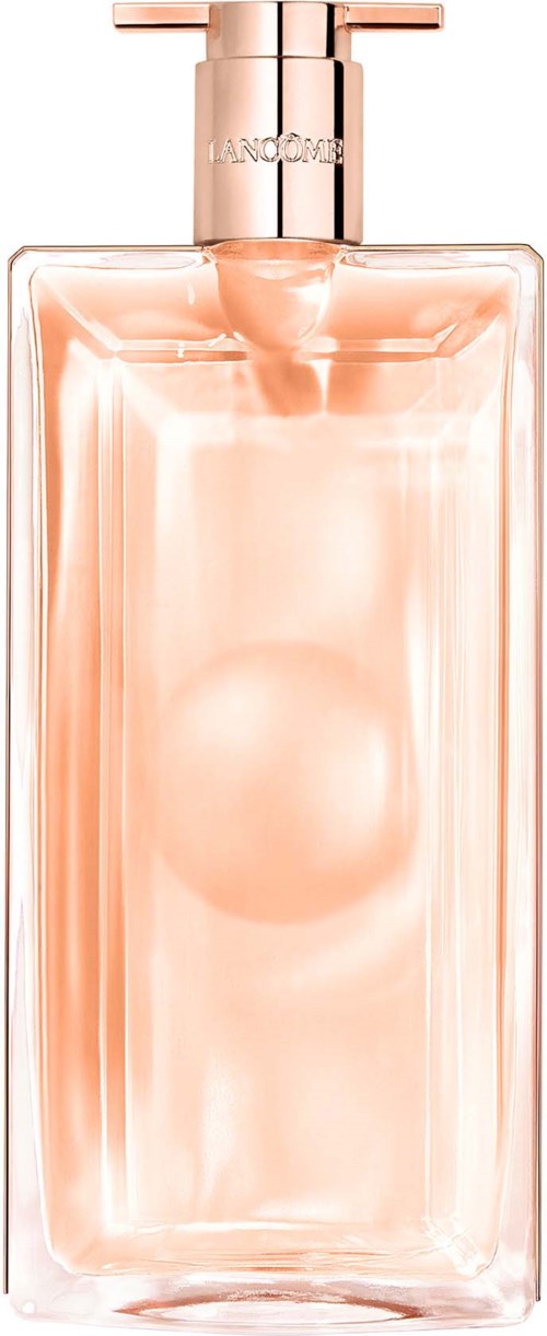 A rectangular glass perfume bottle with a rose-colored cap, clear and shiny, contains a light pink liquid.
