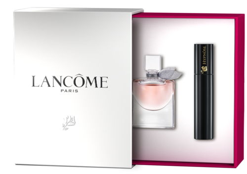 Lancôme Paris parfume og læbestift sæt i en hvid og pink æske.