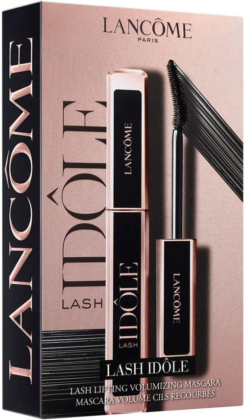 Een roze doos toont Lancôme Lash Idôle mascara met wimperkam en buis. Het merk is zichtbaar op de verpakking.