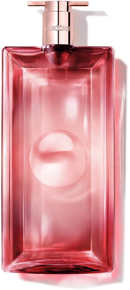 A pink perfume bottle with a shiny cap, rectangular shape, transparent glass showing liquid inside, and the brand name on top.