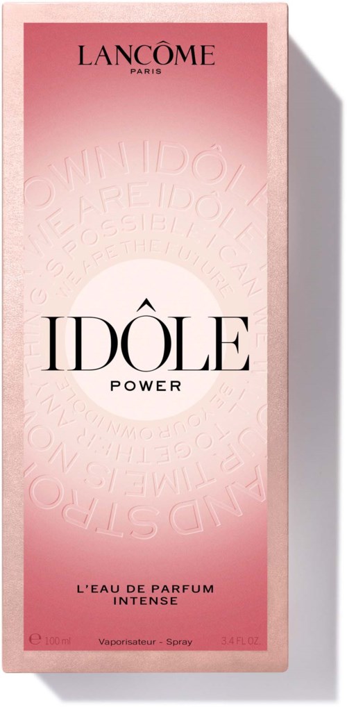 A pink box with black and white text, showing a perfume named IDÔLE and the brand LANCOME.