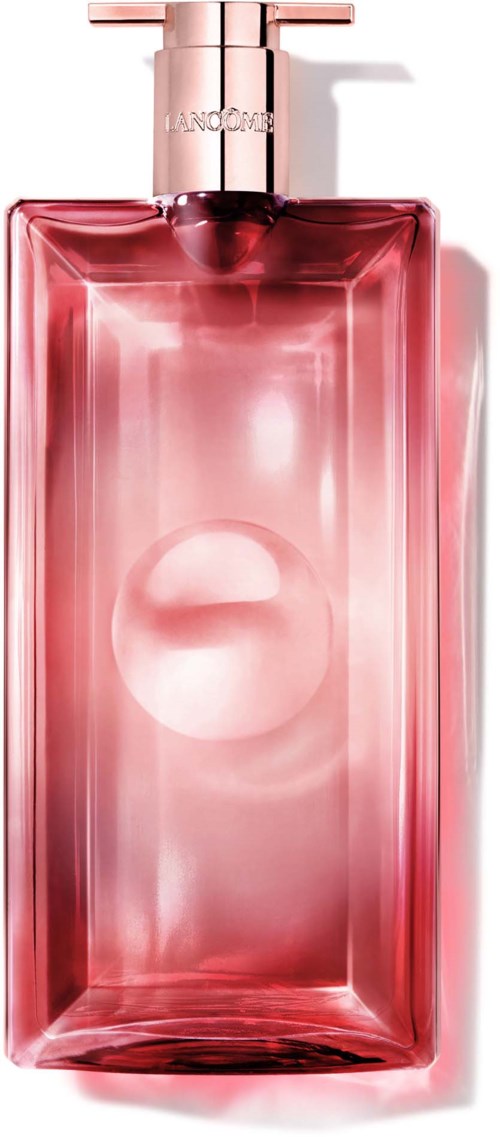 A pink perfume bottle with a rectangular shape and a metallic cap. It is elegant and shiny.