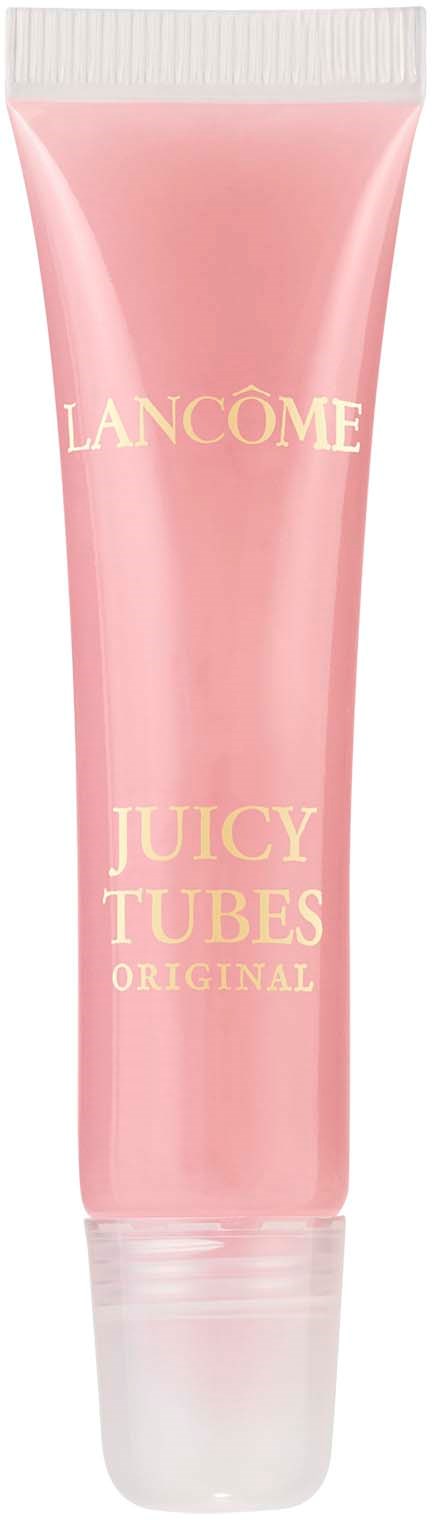 En rosa tube med gulltekst som sier 'Lancôme Juicy Tubes Original'.