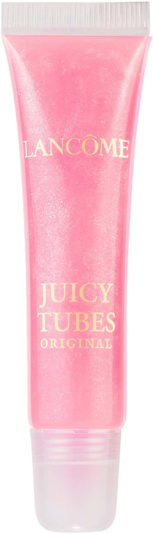 En rosa tube med Lanc7ne Juicy Tubes leppeglans. Den har et gjennomsiktig lokk og gullfarget tekst.