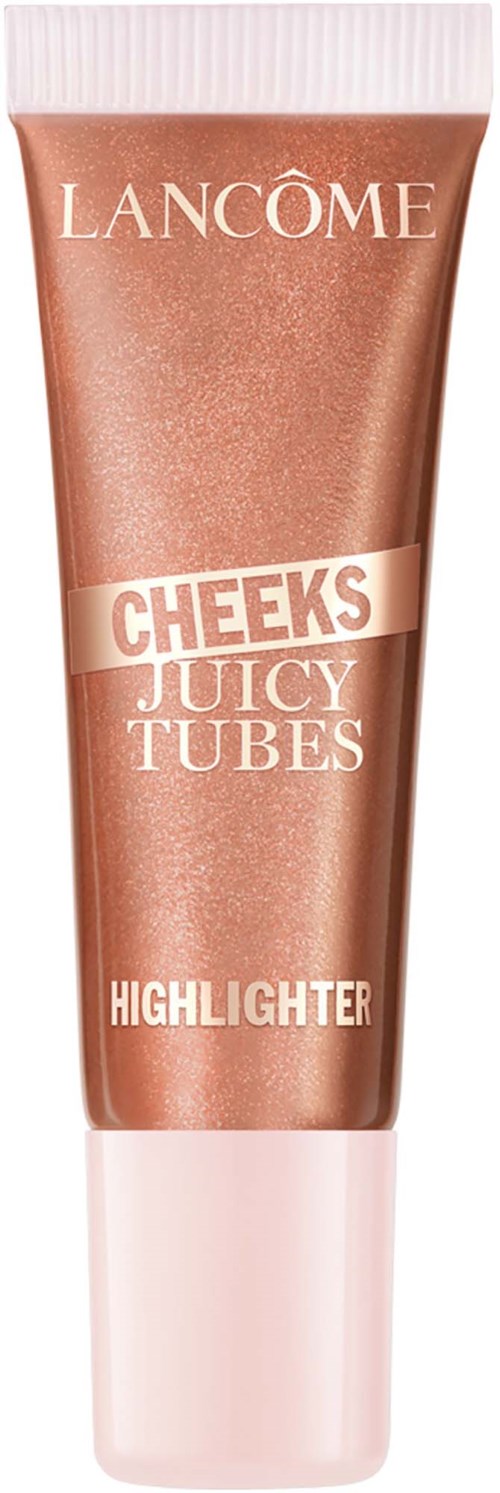 Lipglossrør i champagnefarget metallfinish med hvit lokk, merket Cheeks Juicy Tubes Highlighter av Lancome.