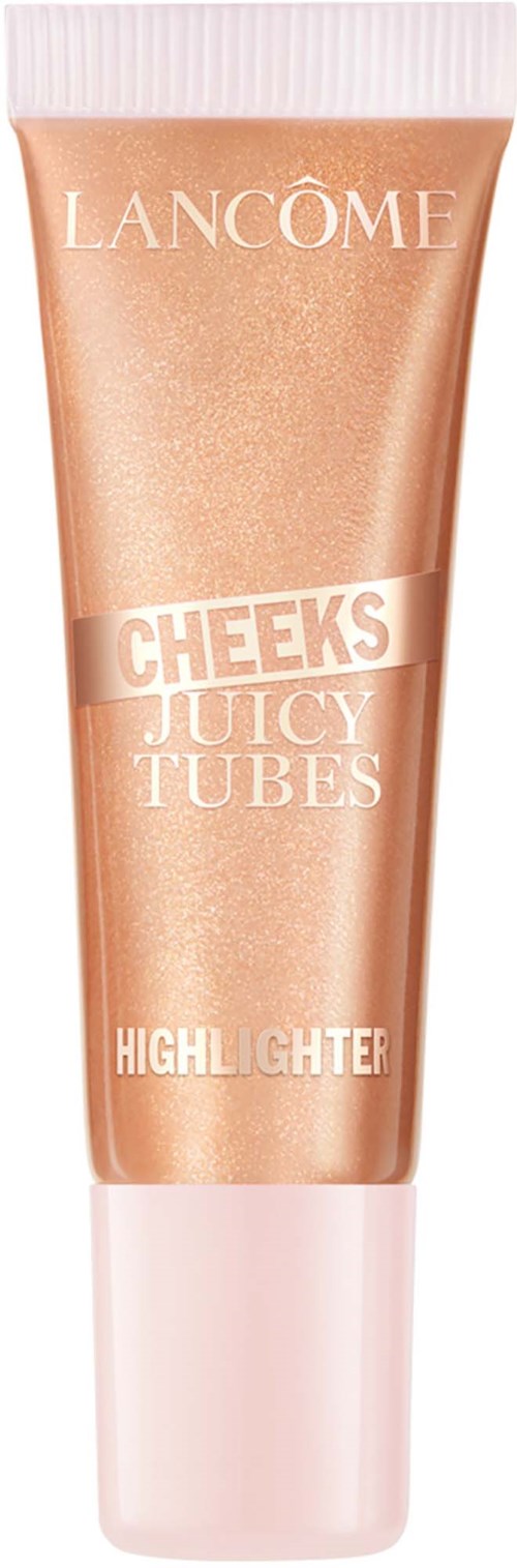 En ferskenfarget tube fra Lancôme Cheeks Juicy Tubes highlighter med hvit tekst.