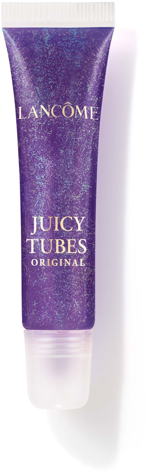 Lilla tube med hvit lokk som sier Lancome Juicy Tubes Original. Ser glatt og blank ut.