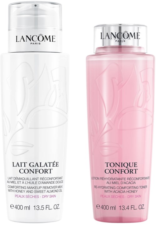 Två hudvårdsflaskor, en vita och en rosa, märkta 'Lait Galatée Confort' och 'Tonique Confort,' med tydliga lock.