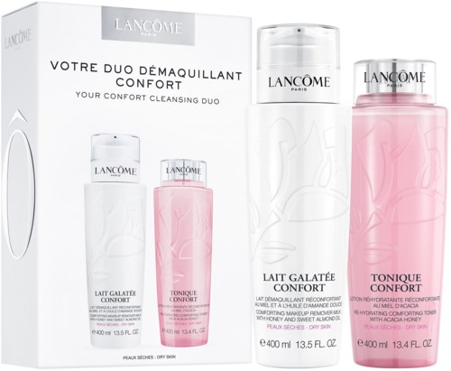 Ett rengöringsduo med en vit flaska och en rosa flaska från Lancôme, kallad 'Confort'.