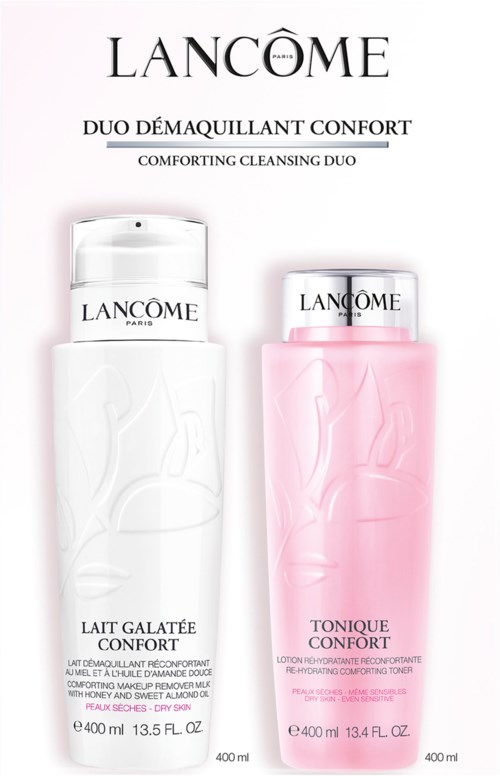 To hudplejeflasker, en hvid og en pink, mærket for komfortrensning og toning. Mærket er Lancôme.