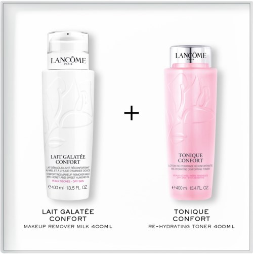 To hudpleje flasker, en hvid til makeupfjerner mælk og en pink til gen-hydrerende toner.