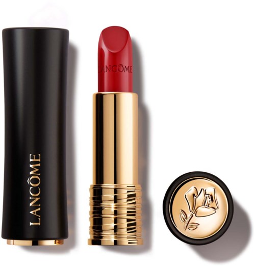 Lancôme læbestift med rød farve, guldrør og sort låg med rosedesign.