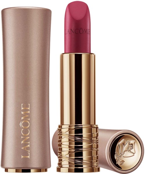 Różowa szminka z błyszczącą złoto i różową obudową, oznaczona 'Lancôme'.