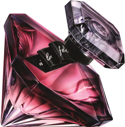 Ein pinkfarbendes und lila Parfümflasche mit schwarzem Band und klarer, geometrischer Kappe.