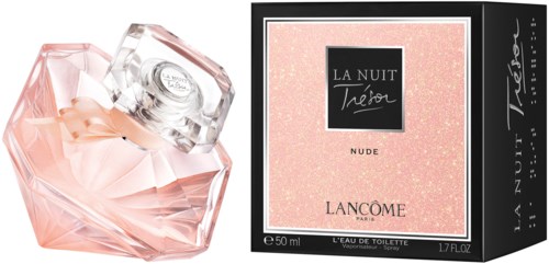 En parfyllflaska och box för Lancome La Nuit Tresor Nude doft, rosa och svart färg, elegant design.