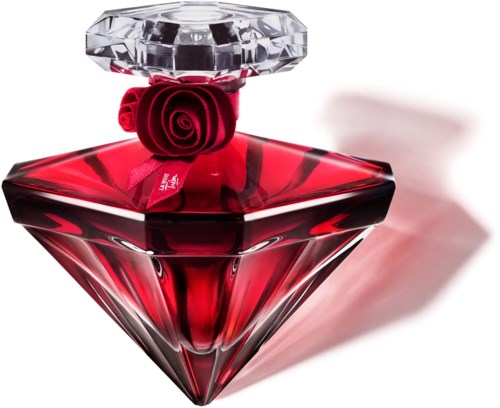 A red perfume bottle with a clear top, shaped like a diamond, and a red rose decoration.