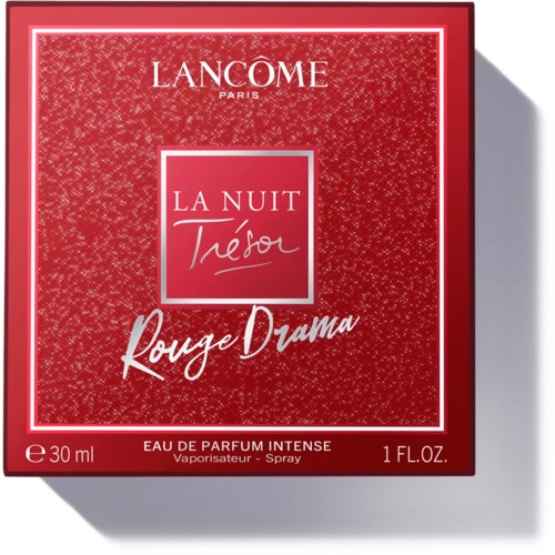 Red packaging for Lancôme La Nuit Trésor Rouge Drama perfume, 30 ml, elegant design with white and silver text.