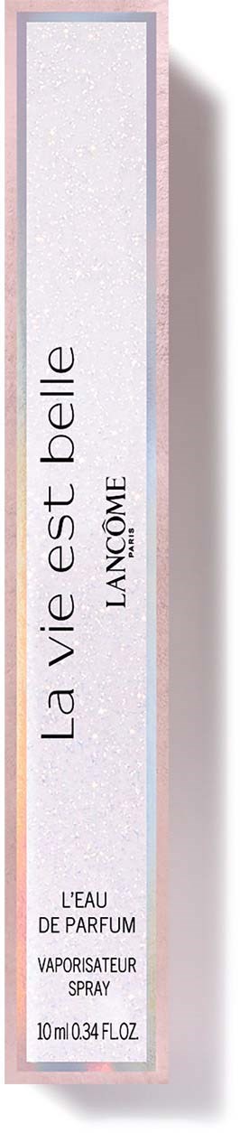 En Lancome parfymförpackning med pastellfärger, vitt utrymme och fransk text om en vacker livsdoft.