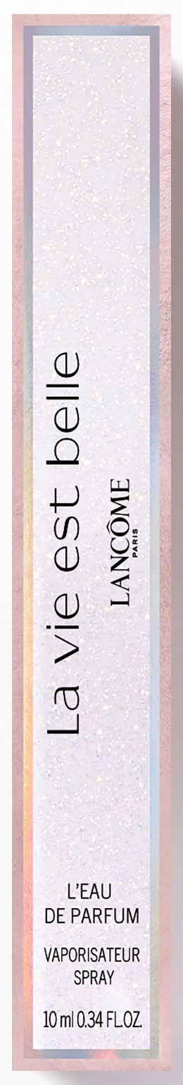 En lang, smal parfymeeske med rosa og hvit design og tekst på fransk om en parfyme.