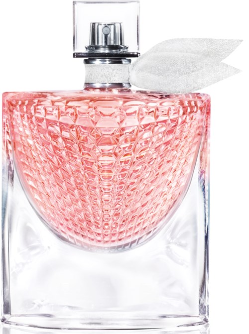 En rosa parfymflaska med texturerad design, klar lock och vit rosett ovanpå.
