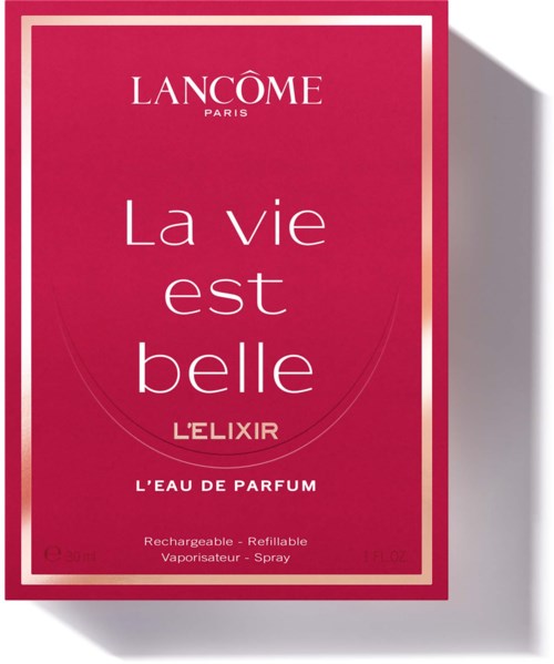 Lancôme Paris parfymförpackning med mörkrosa bakgrund och vitt text som säger La vie est belle L'ELIXIR.
