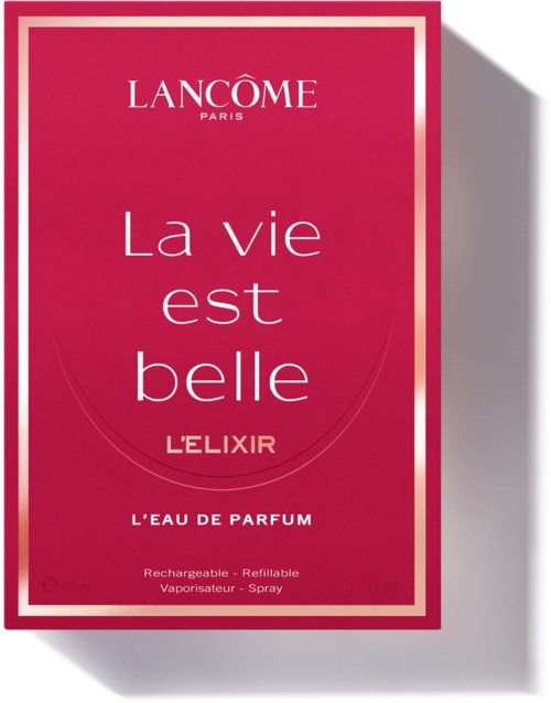 Röd parfymask med vitt och guldtext och kant, främjar Lancôme La vie est belle L'Elixir doft.