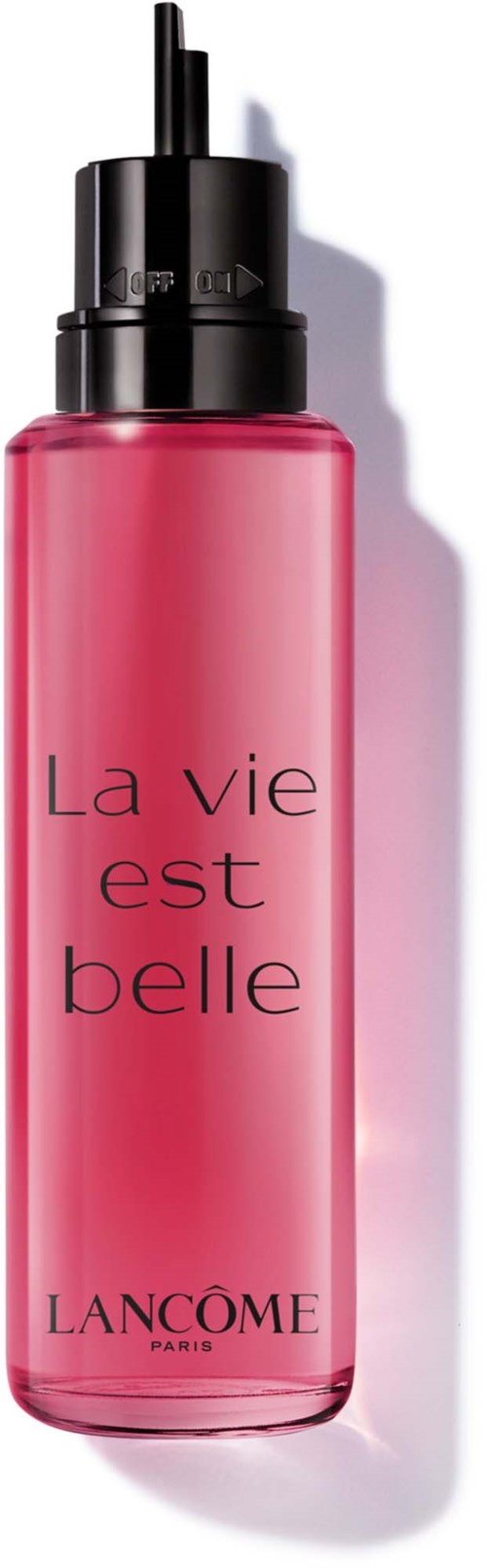Rosa Lancome hudvårdsflaska med svart pump och texten La vie est belle på.