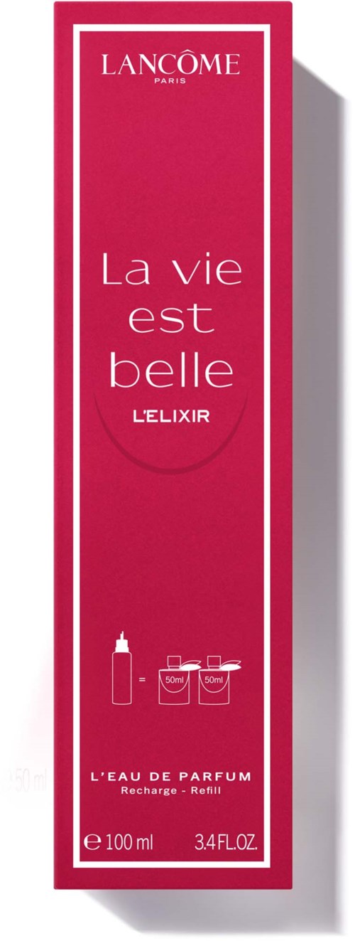 En rosa parfymbox från Lancôme med orden La vie est belle LElixir, en illustration av en flaska och små behållare.