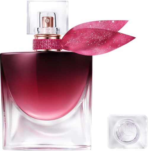 Ein rosa Parfümflasche mit glitterndem pinken Blattdekoration oben und klarem Verschluss.