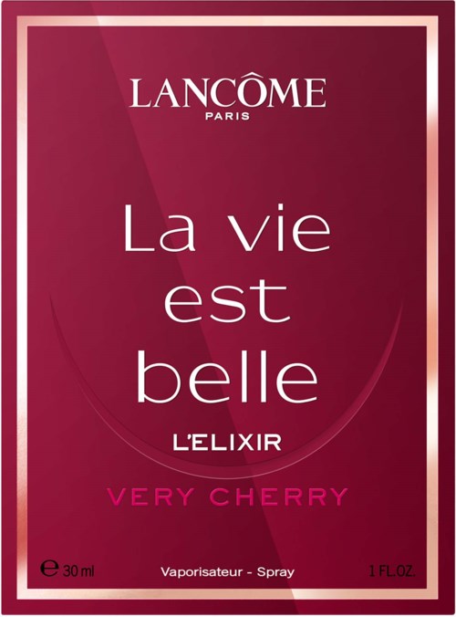 Lancôme La vie est belle L'Elixir Very Cherry Parfümverpackung mit pinkem und rotem Design und weißen Text.