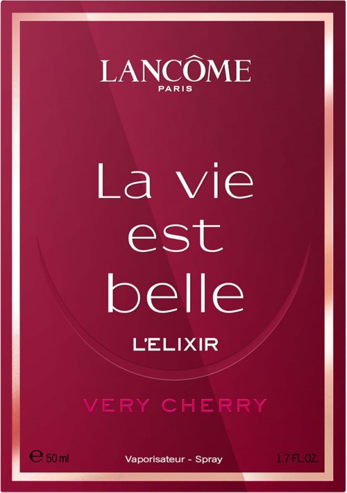 Lancome Parfümverpackung mit dunklem rosa Hintergrund und weißem Text, Duftname Very Cherry.