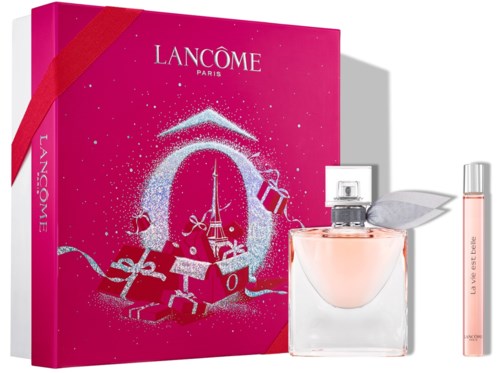 Lancôme cadeauset met roze doos, parfum en lipgloss, kerstthema met cadeaus en Eiffeltoren-illustratie.